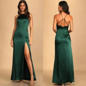 Lulus Make it Elegant Emerald Green Satin Strappy Maxi Dress Wedding Party